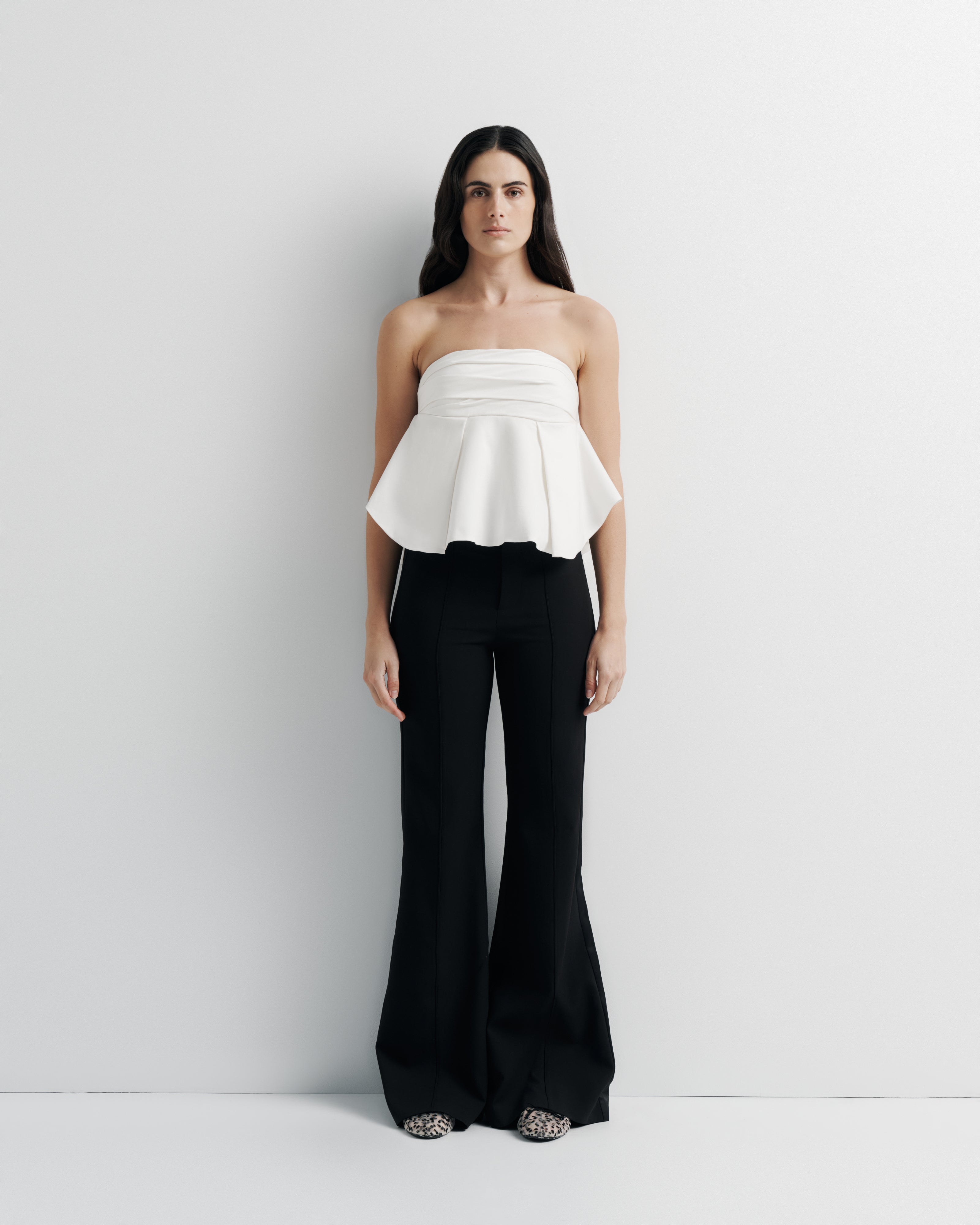 Bella Bustier – strapless cotton sateen bustier with ruched bodice and peplum hem by Romy The Brand