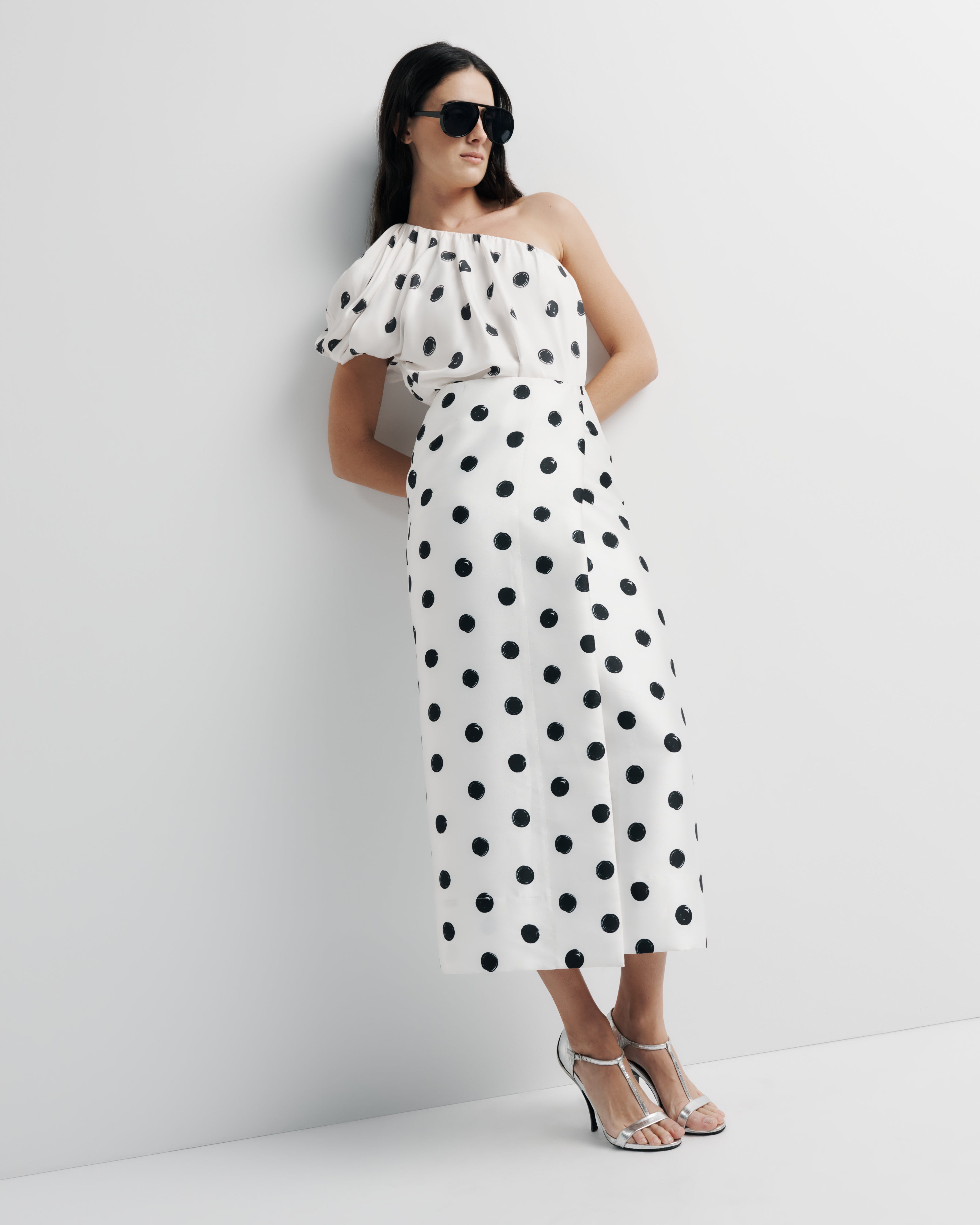 Yasmin Top – one-shoulder top with sculpted folds and artistic spot print by Romy The Brand