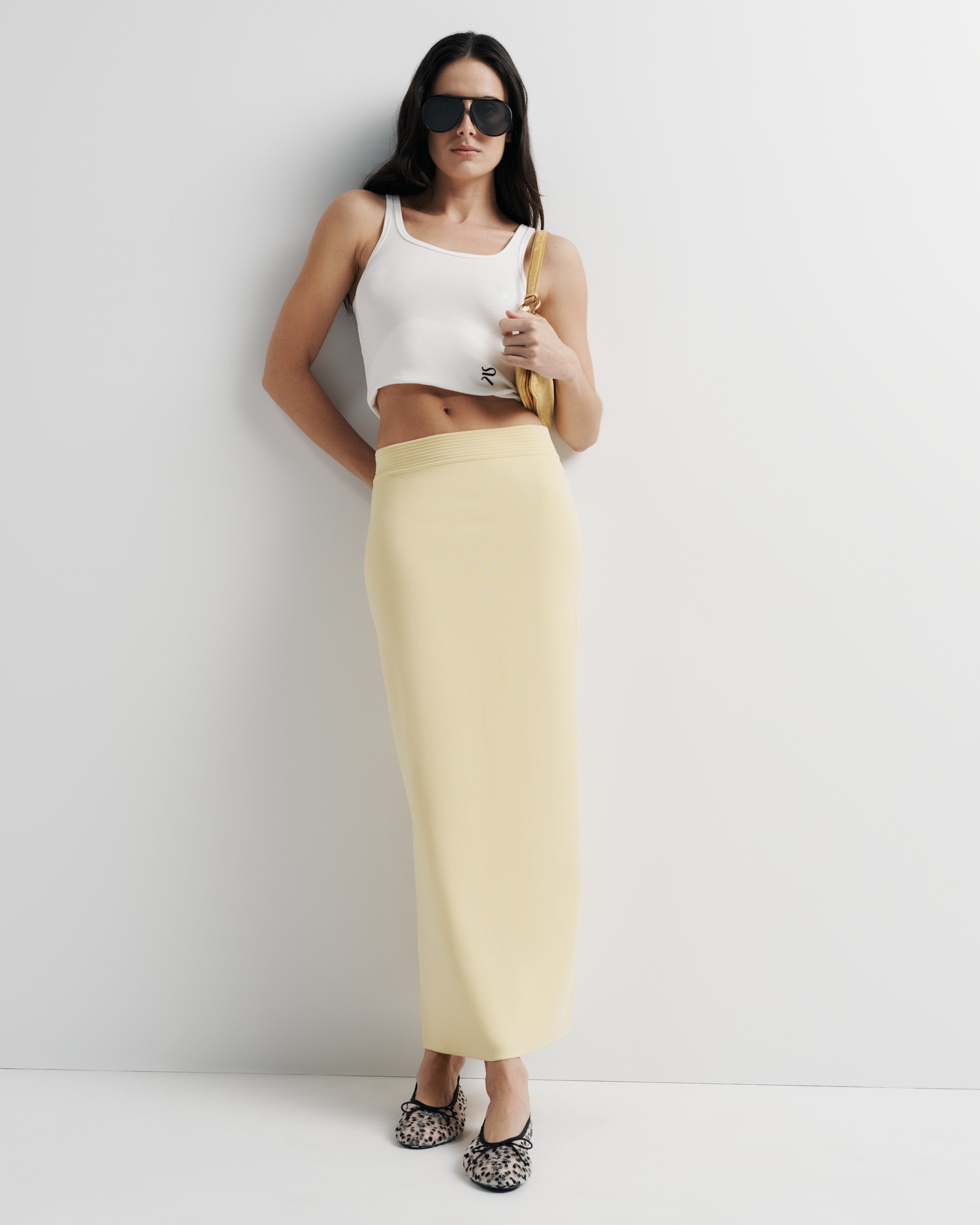 Alba Knit Skirt – crepe knit column skirt with ribbed waistband and back split by Romy The Brand