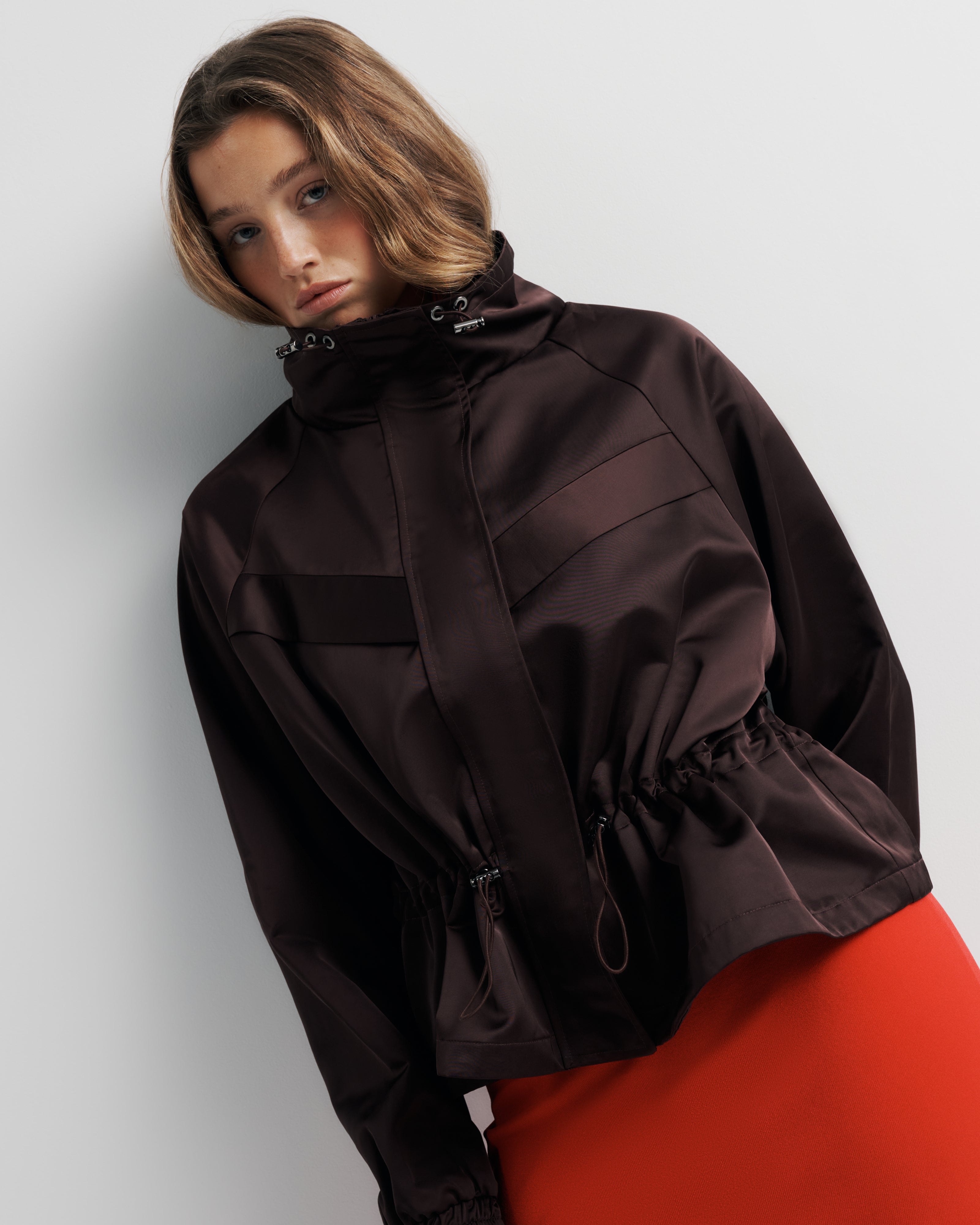 Hattie Jacket – sport-inspired satin jacket with zip and snap closure by Romy The Brand
