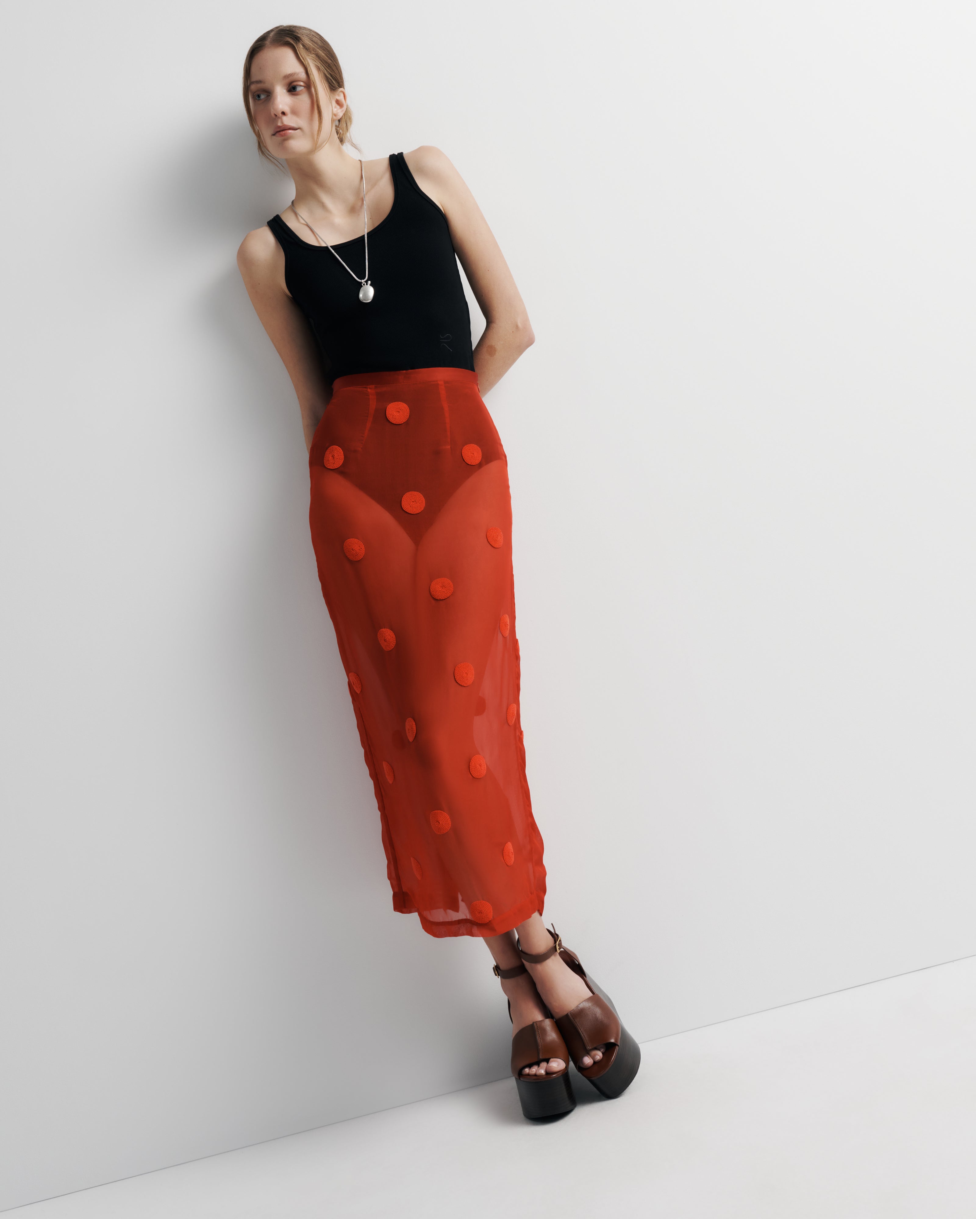 Sadie Skirt – fitted sheer midi with artisan beaded spots and back split by Romy The Brand