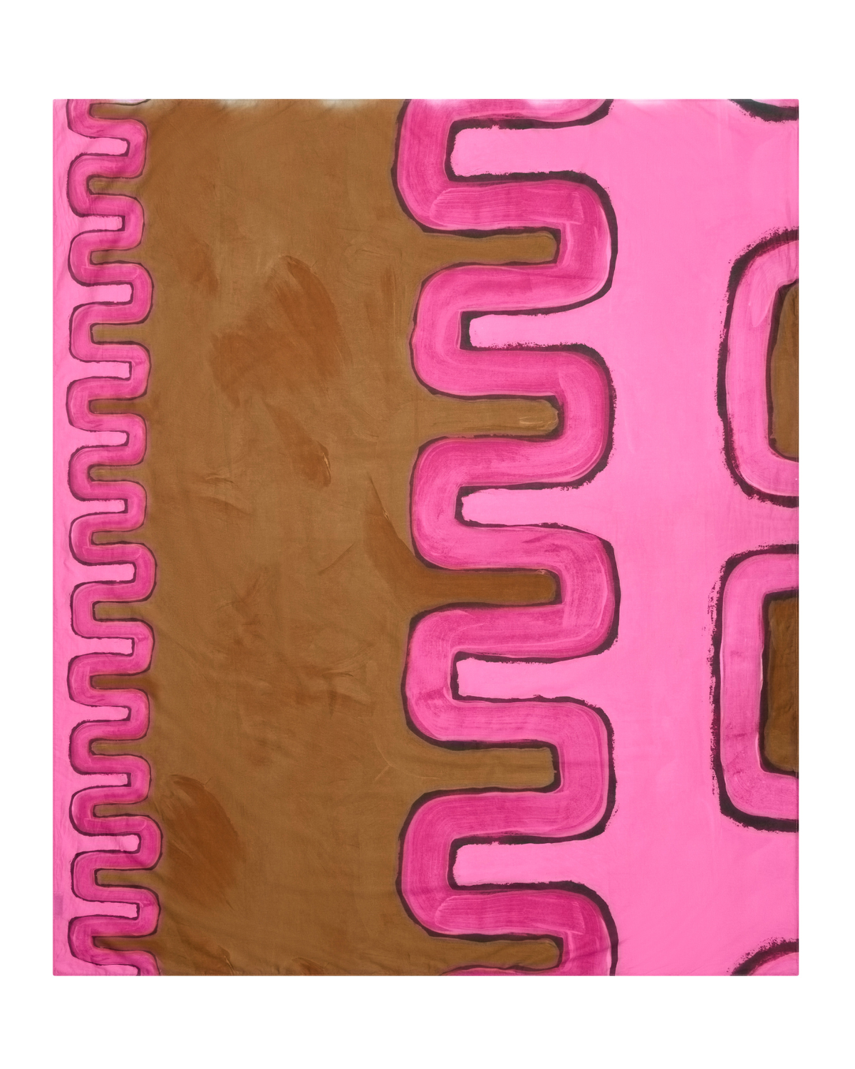 Ritual Sarong in pink and brown print, flat open view.