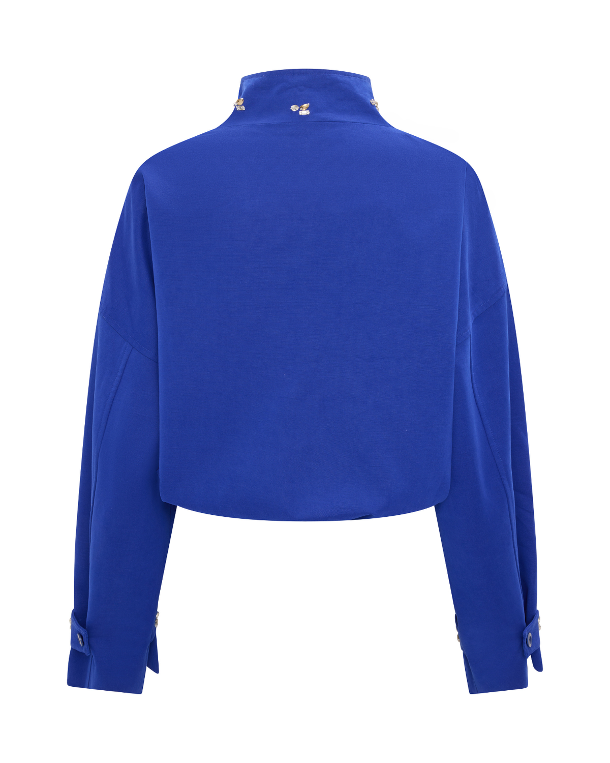 Back product view of the cobalt blue Cropped Forever Jacket with oversized sleeves and high funnel collar.