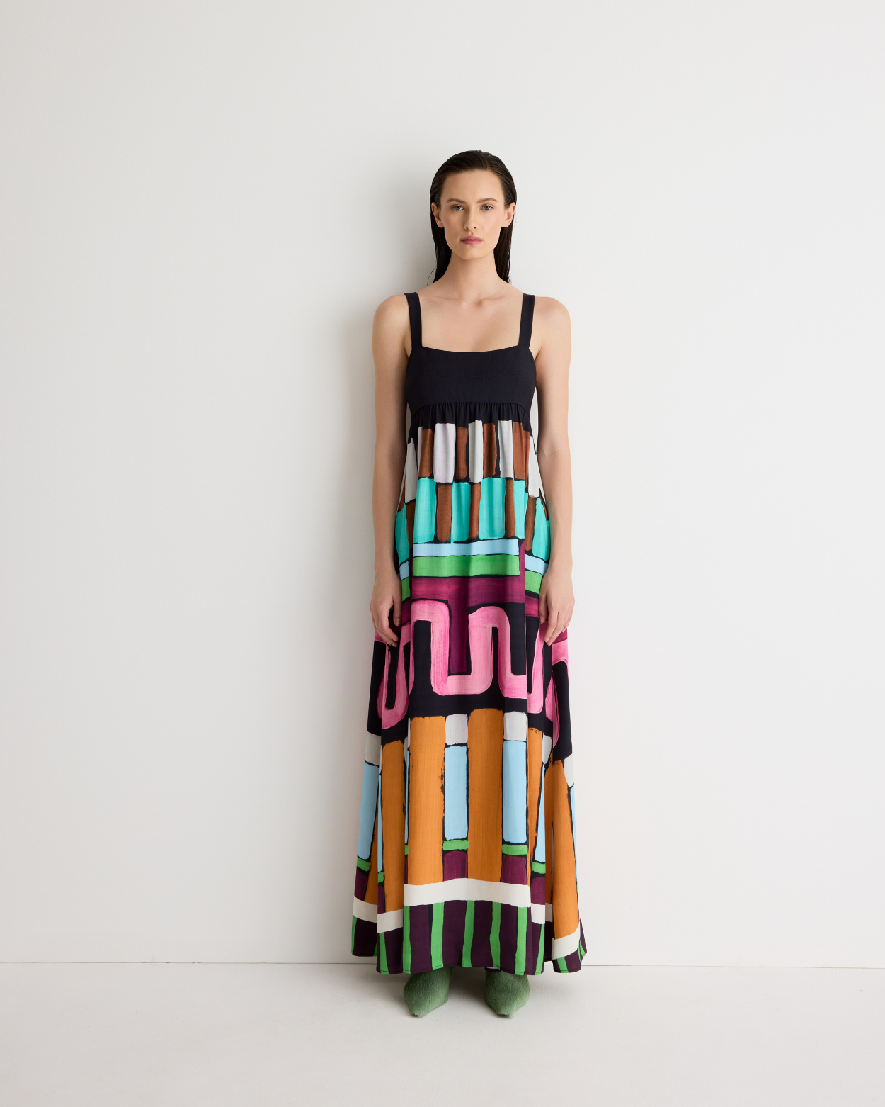 Nora Maxi Dress – full-length lined dress with on-seam pockets and hand-painted Summer ’26 print by Romy The Brand
