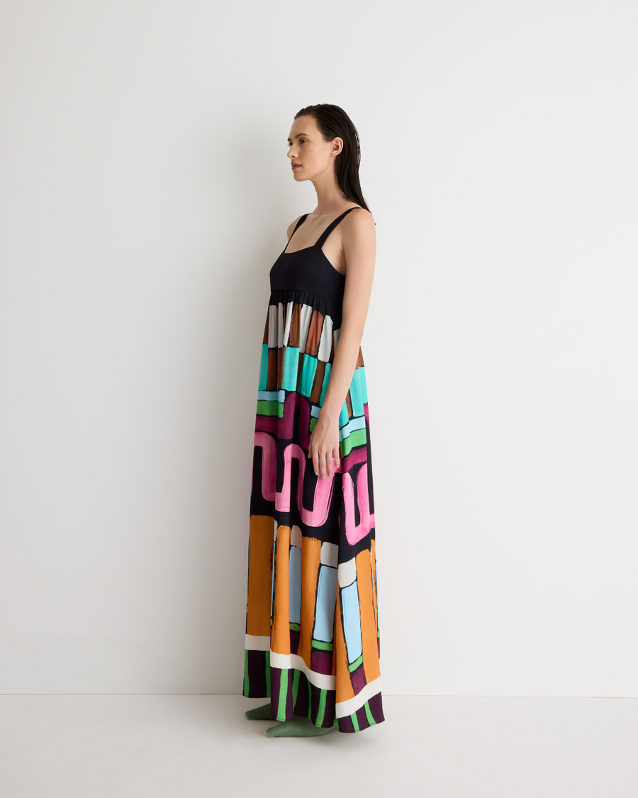 Nora Maxi Dress – full-length lined dress with on-seam pockets and hand-painted Summer ’26 print by Romy The Brand