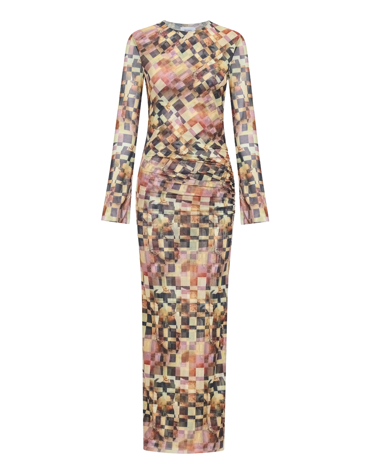 Clara Mesh Dress in collage print, flat front view.