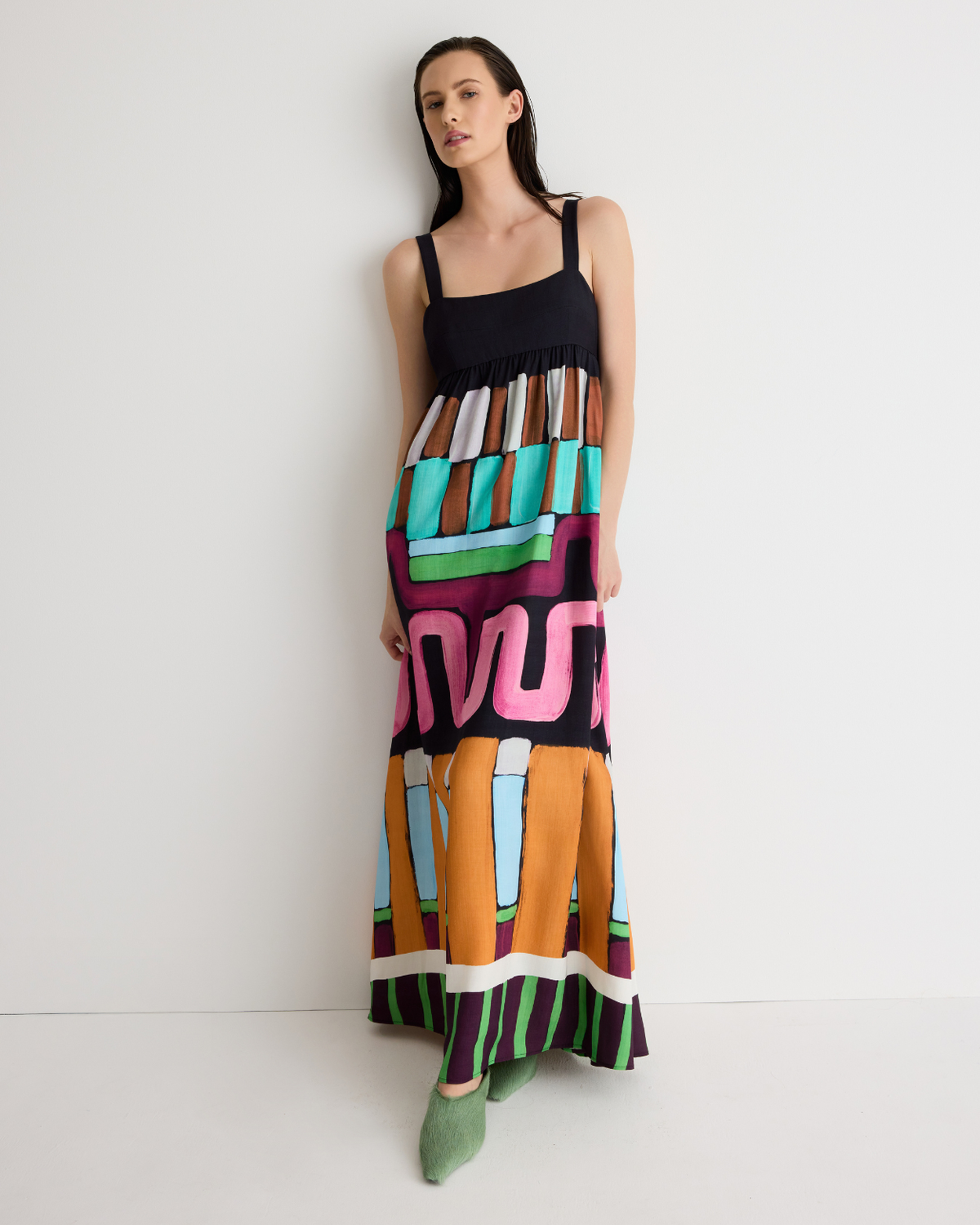 Nora Maxi Dress – full-length lined dress with on-seam pockets and hand-painted Summer ’26 print by Romy The Brand