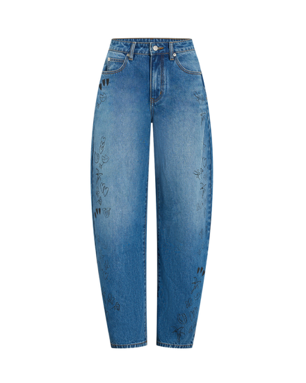 Jakey Jean in mid-blue denim, flat front view.