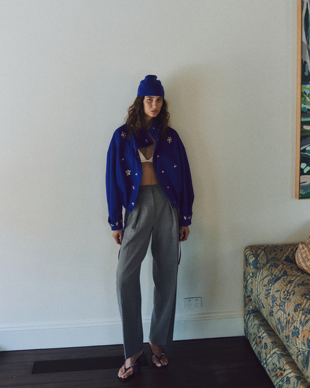 Sloane Pant in grey, styled campaign shot.
