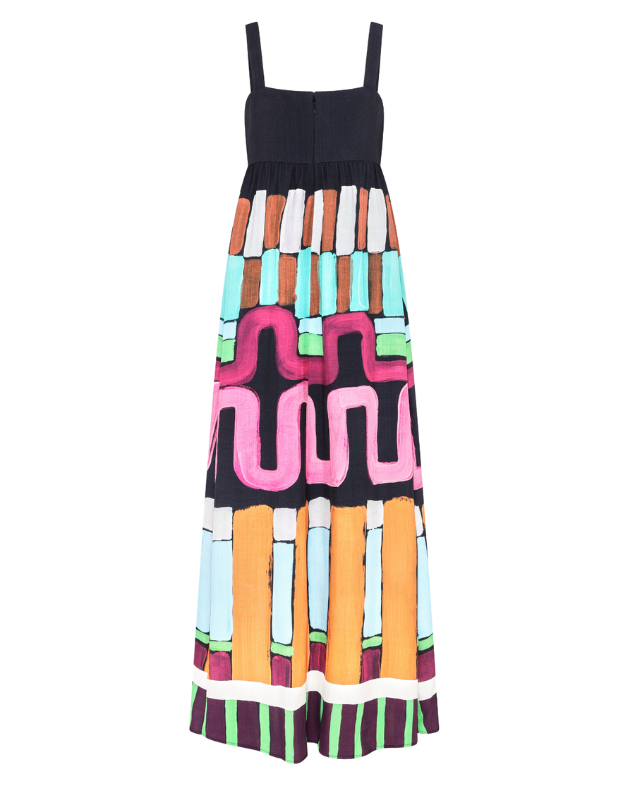 Nora Maxi Dress – full-length lined dress with on-seam pockets and hand-painted Summer ’26 print by Romy The Brand