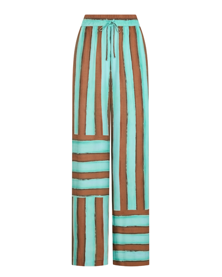 June Pant in aqua and rust hand-painted print, flat front view.