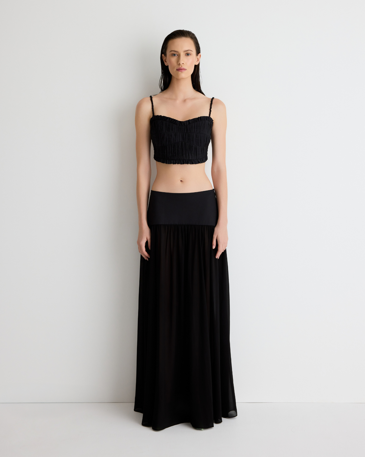 Daisy Bustier – pleated cotton cropped bustier with frill edging, shirred back, and detachable straps by Romy The Brand