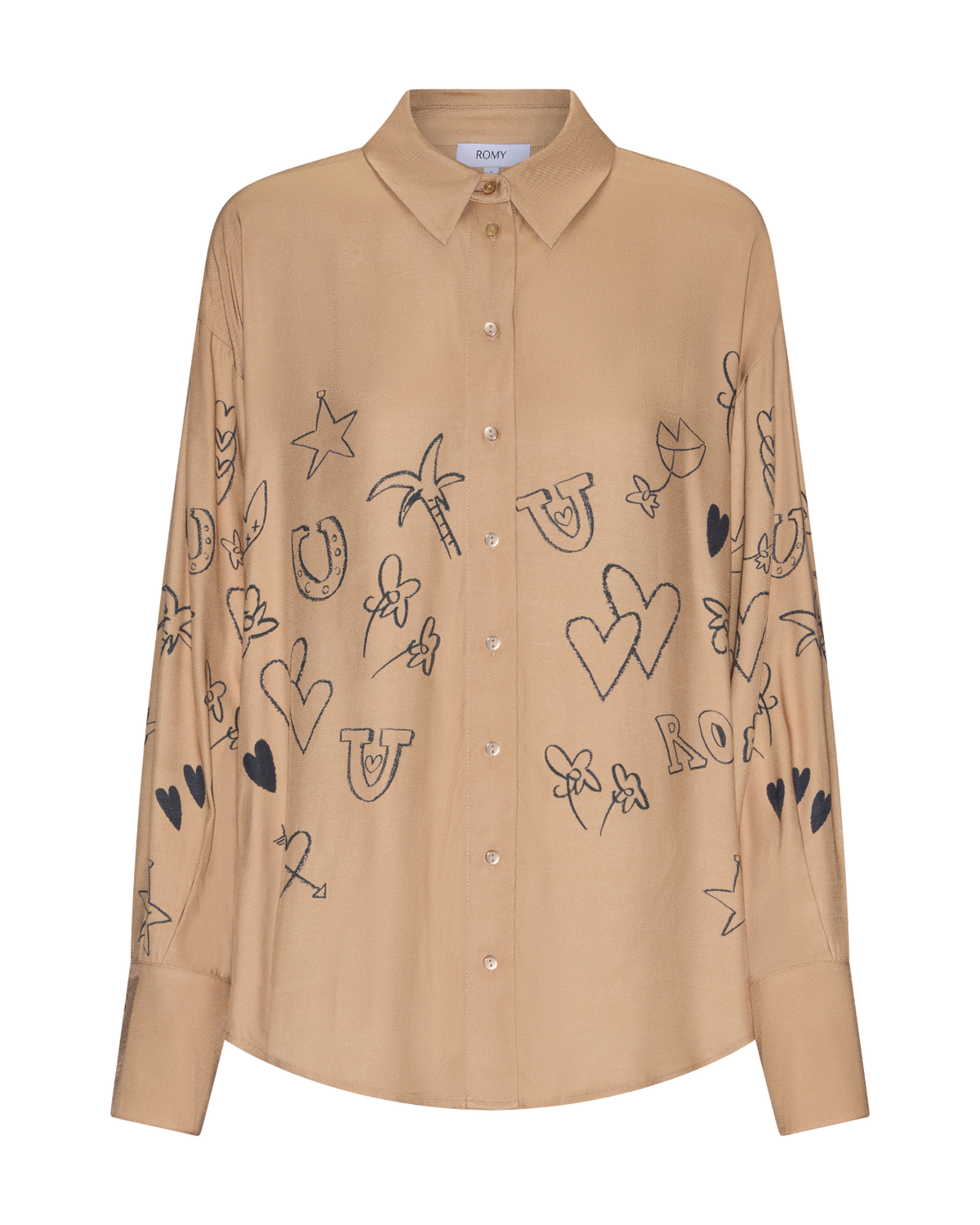 Jakey Shirt in sand with artwork, flat front view.