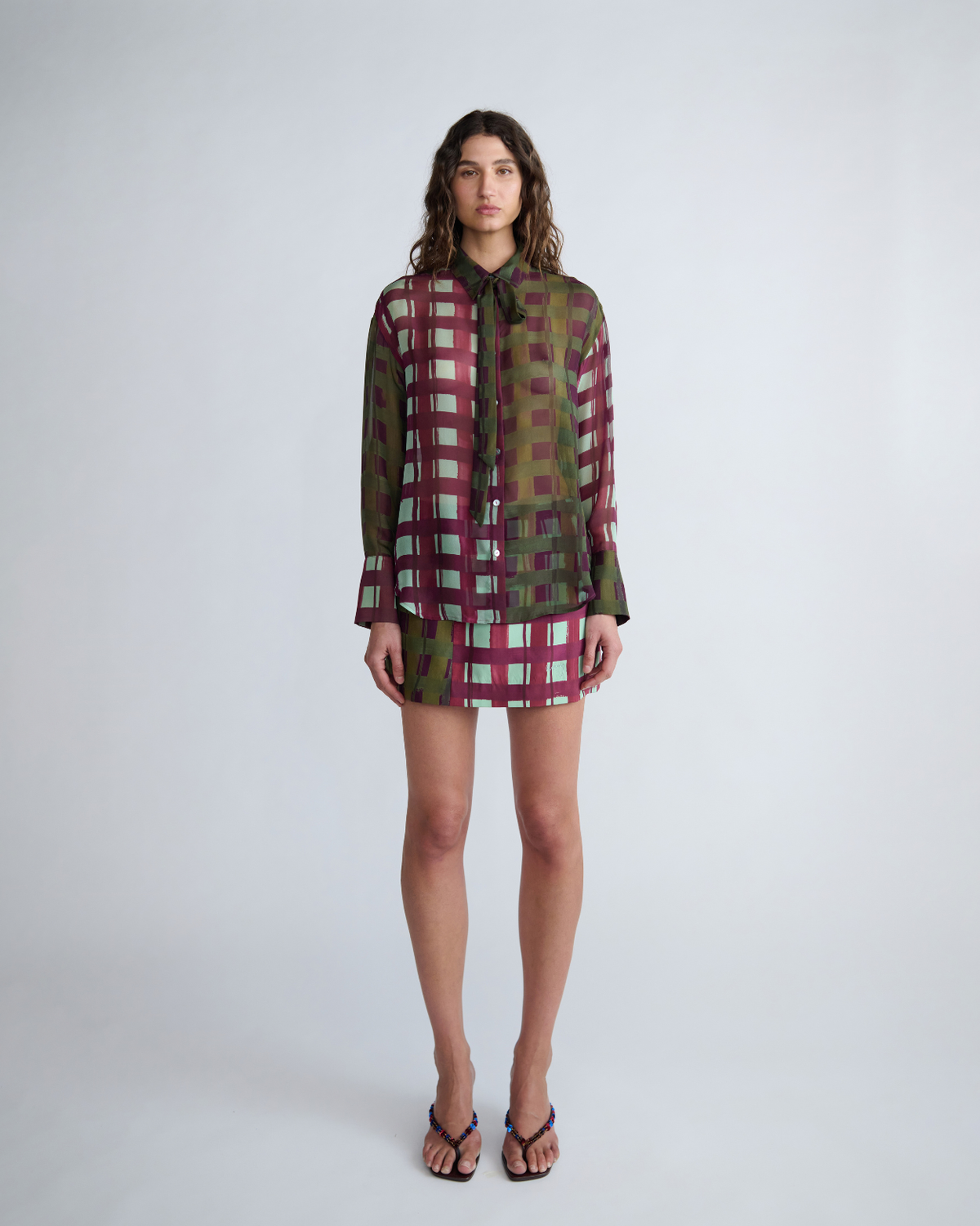 Ardent Shirt in check print silk chiffon, front view on model.