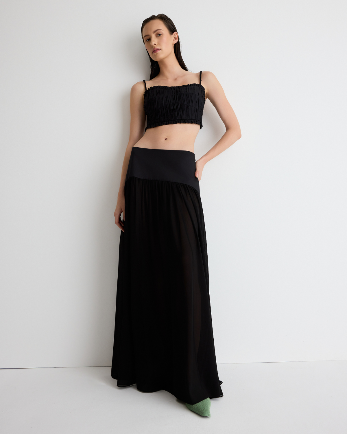 Harper Skirt in sheer black with the Daisy Bustier, front view on model.