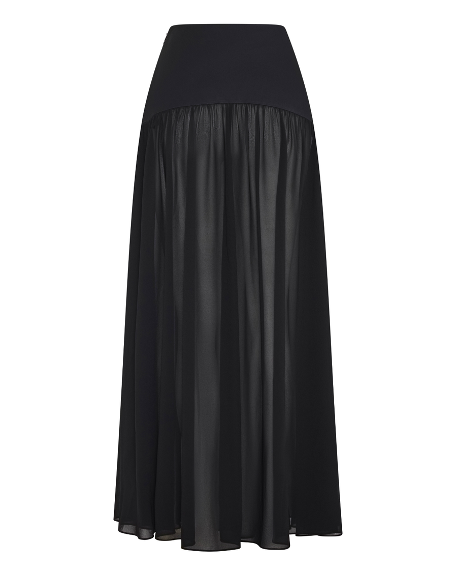 Harper Skirt – sheer flowing maxi skirt with structured cotton yoke and invisible side zip by Romy The Brand