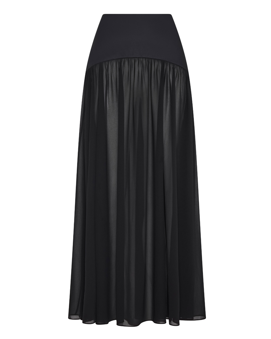 Harper Skirt – sheer flowing maxi skirt with structured cotton yoke and invisible side zip by Romy The Brand