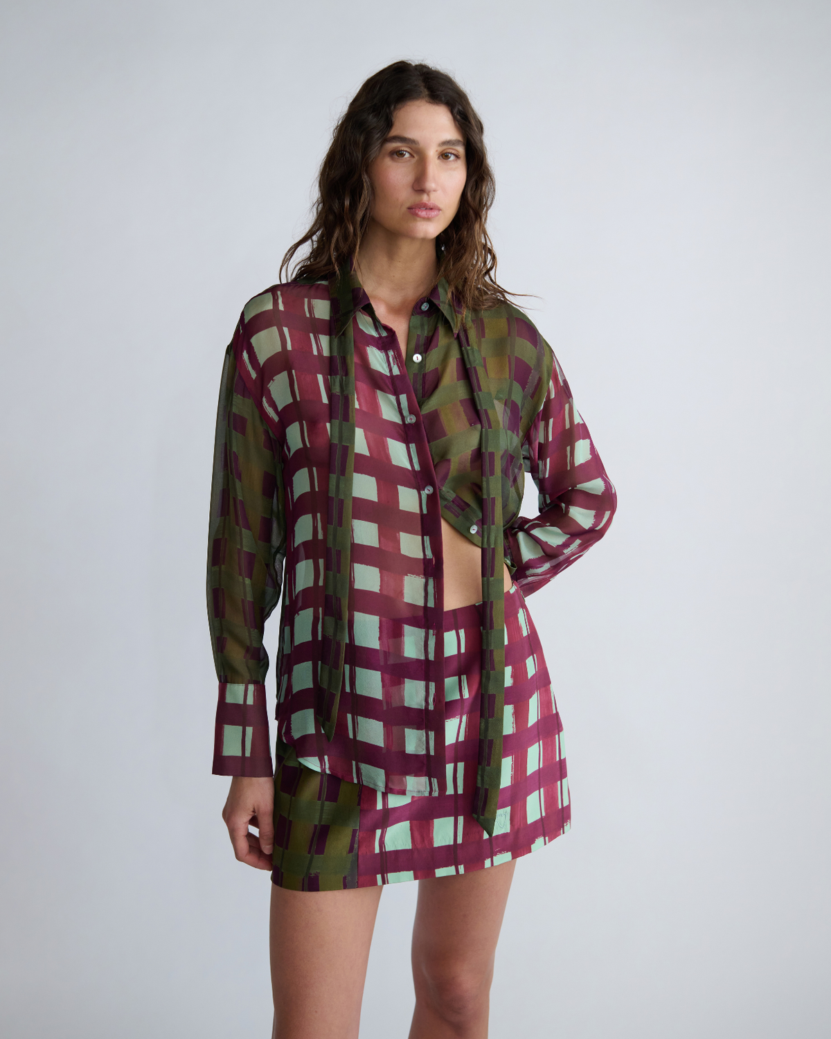 Ardent Shirt in check print silk chiffon, three-quarter view on model.