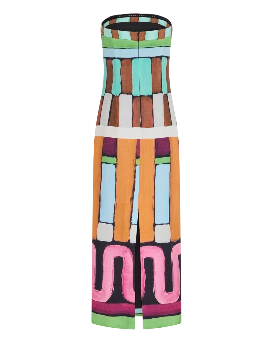Luna Dress – strapless column midi dress with hand-painted Summer ’26 print by Romy The Brand