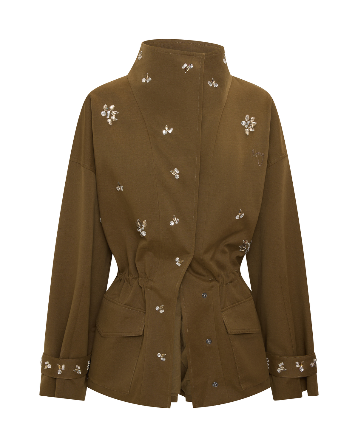 Front product image of the khaki Forever Jacket by ROMY with a cinched waist and hand-beaded embellishments.