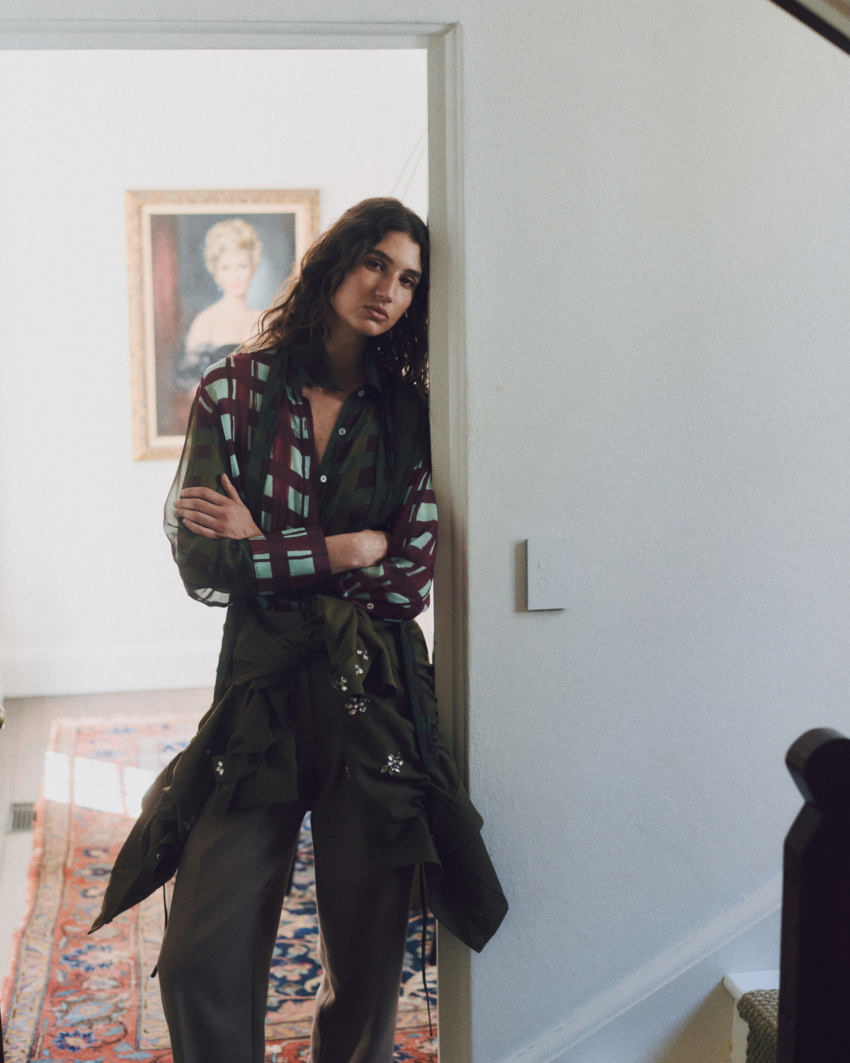 Ardent Shirt in check print silk chiffon, styled campaign shot.