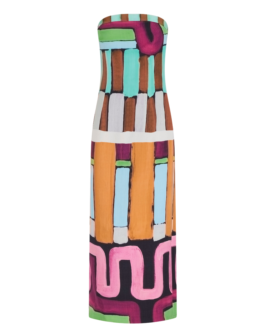 Luna Dress – strapless column midi dress with hand-painted Summer ’26 print by Romy The Brand