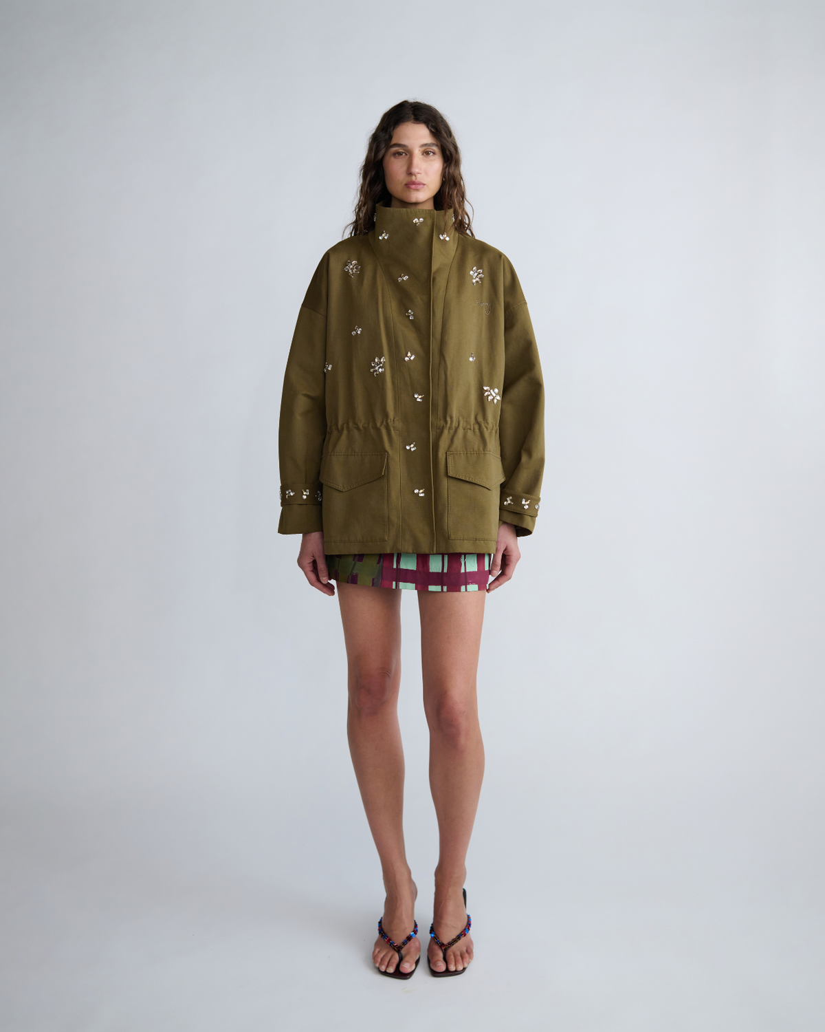 Front view of the ROMY Forever Jacket featuring a high funnel neckline, patch pockets and oversized fit.