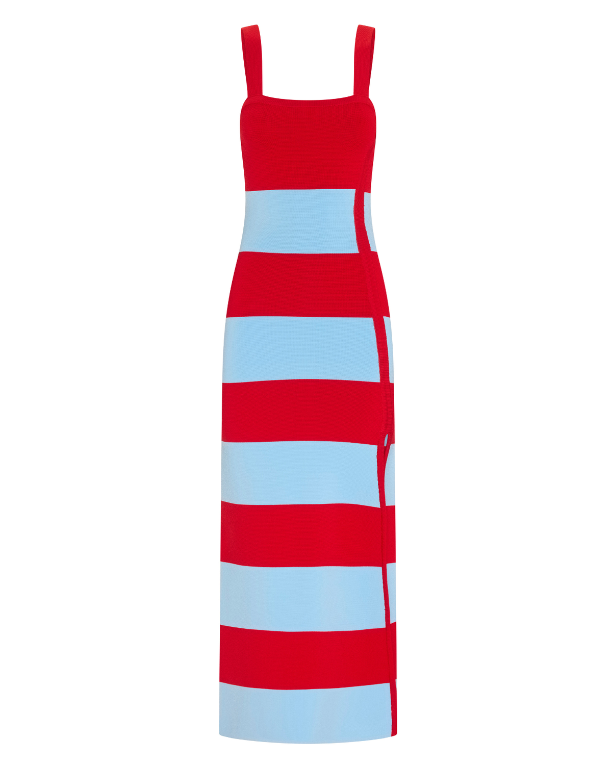 Ava Knit Dress in red and pale blue stripe, flat front view.