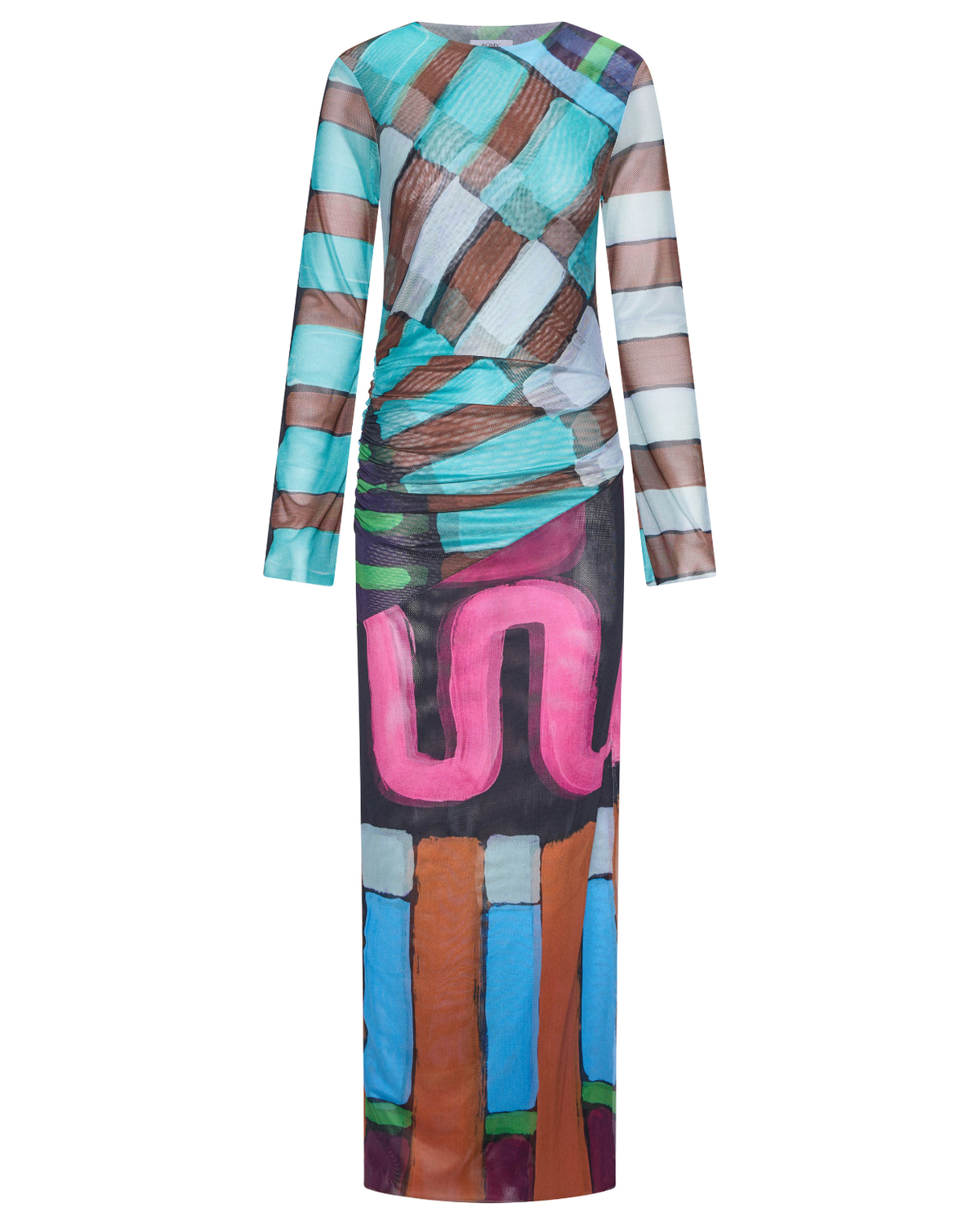 Portia Dress in multicolour print polyester mesh, flat front view.