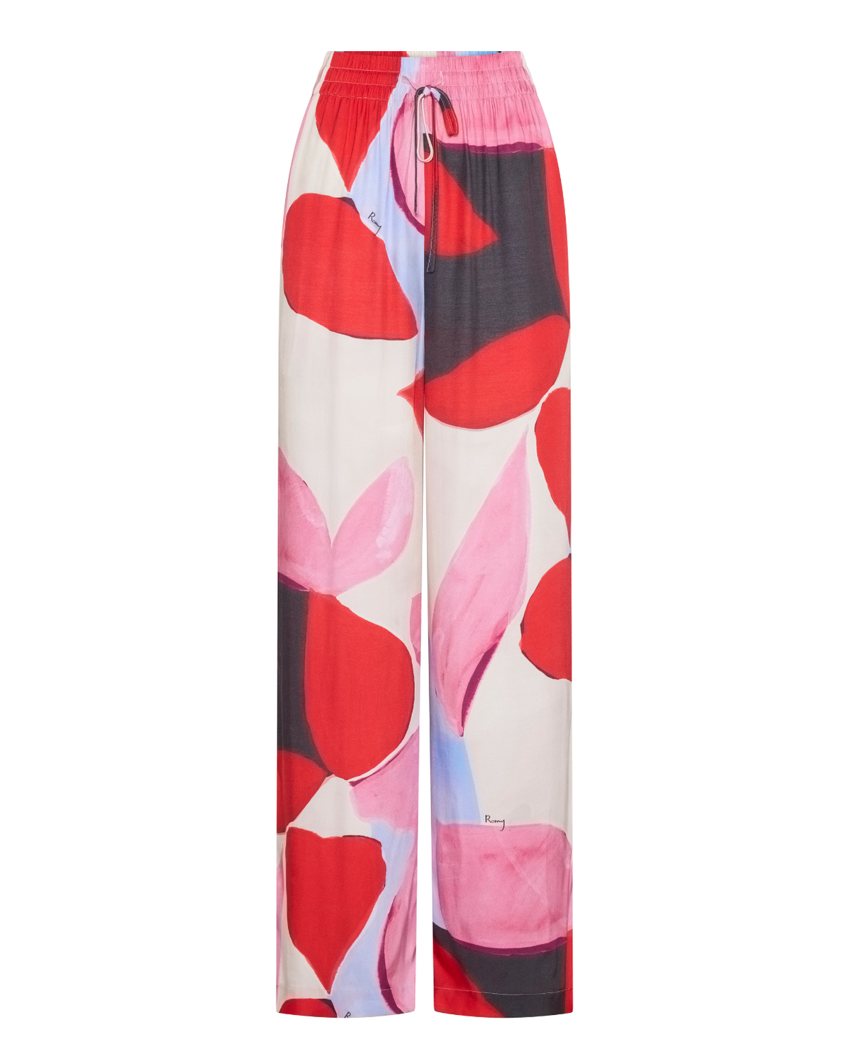 June Pant in pink, red and black abstract print, flat front view.