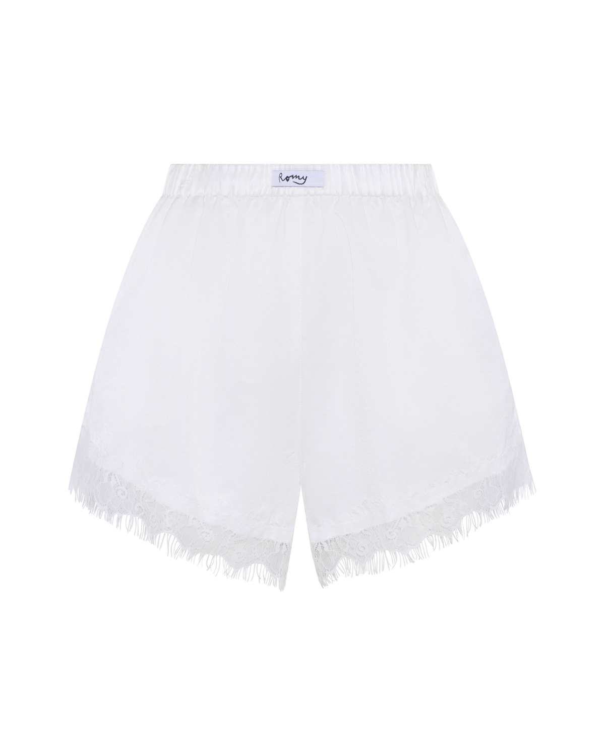 Paris Shorts in white with lace trim, flat front view.