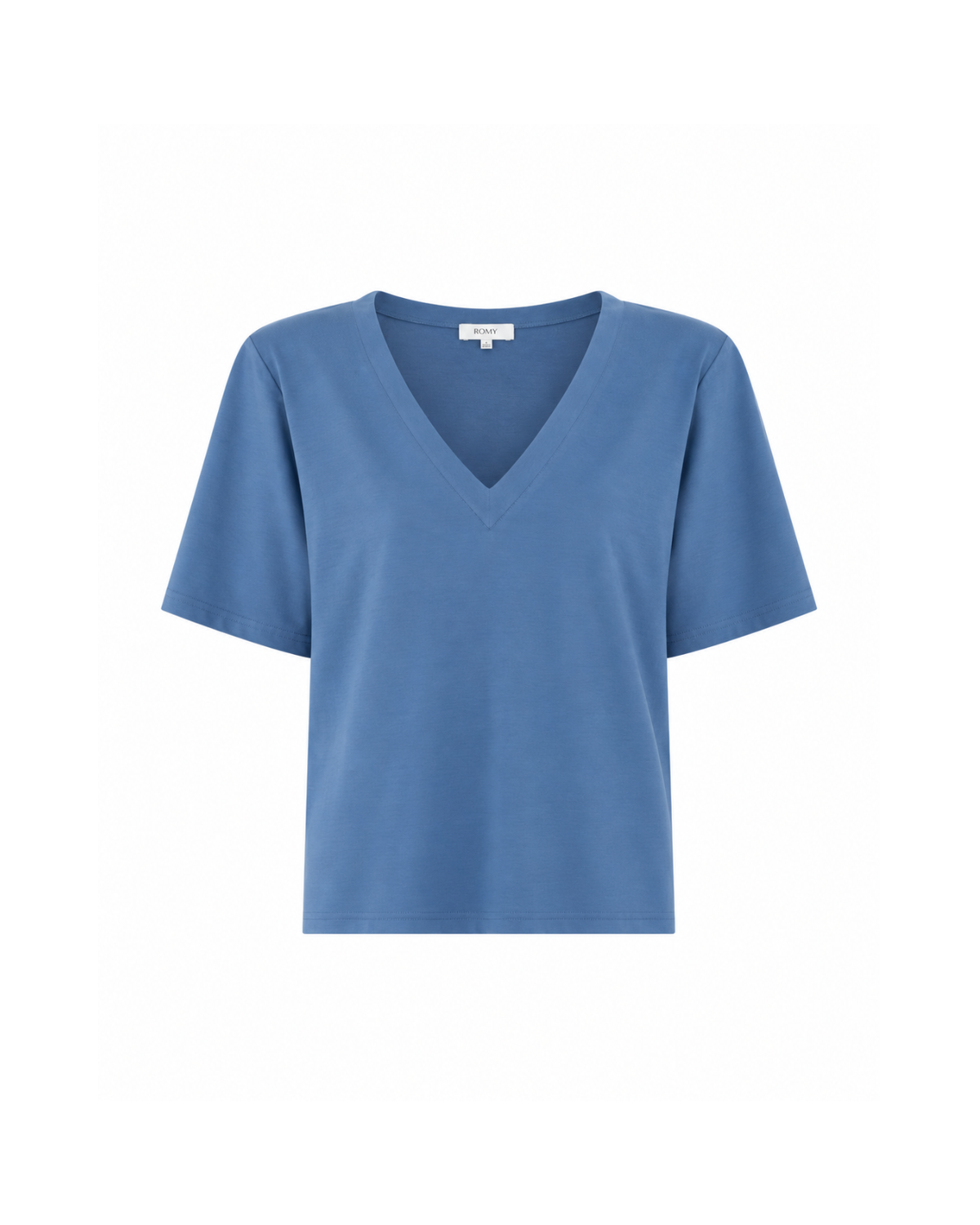 Clove Tee in blue, flat front view.
