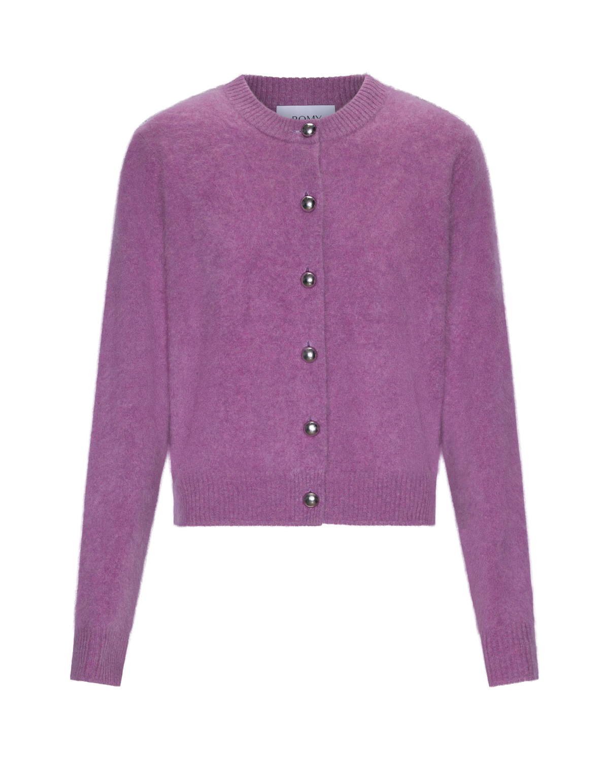 Lucy Cardigan in lilac marle, flat front view.