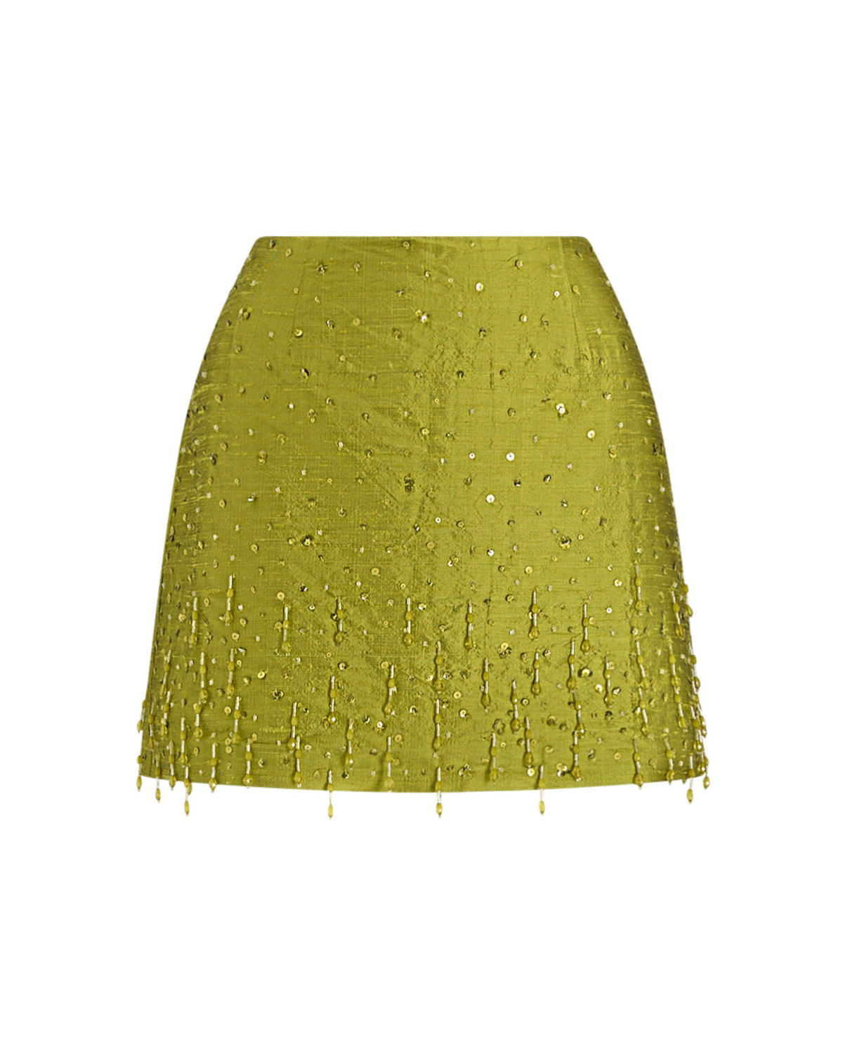 Celestine Mini in chartreuse silk with hand beading, flat front view.