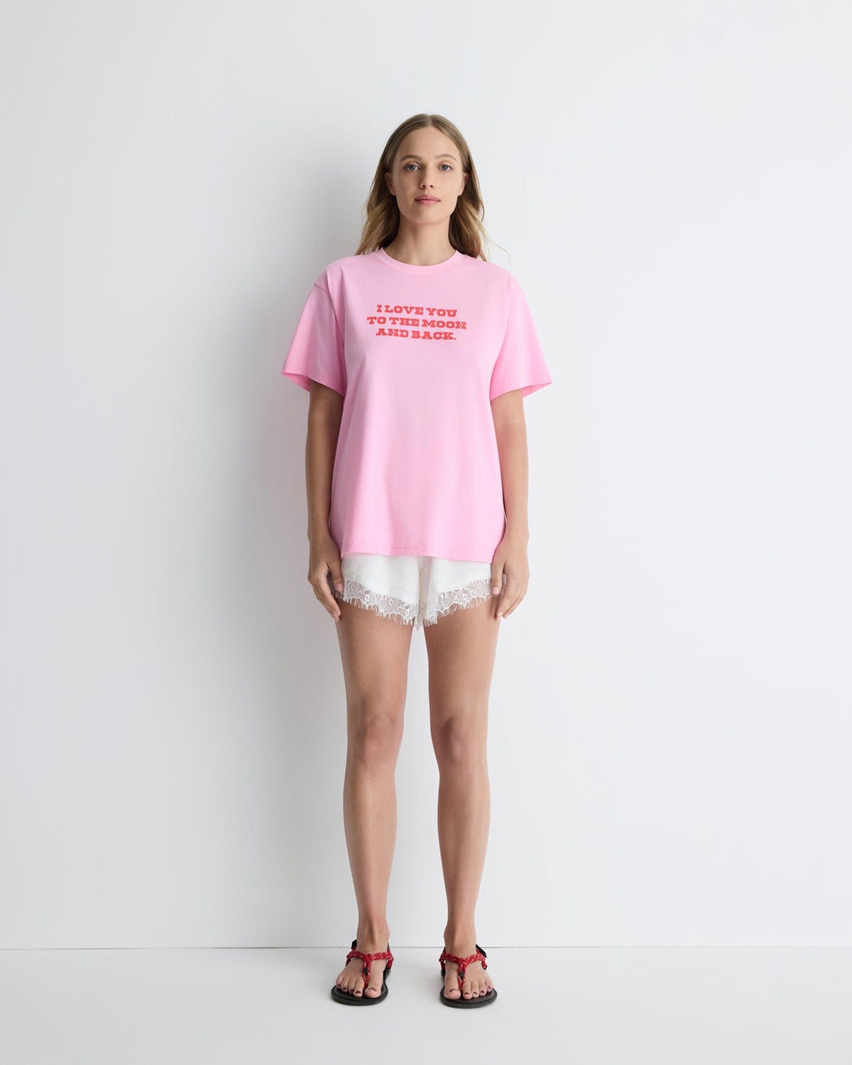 Love You To The Moon + Back Tee in pink, front view on model.