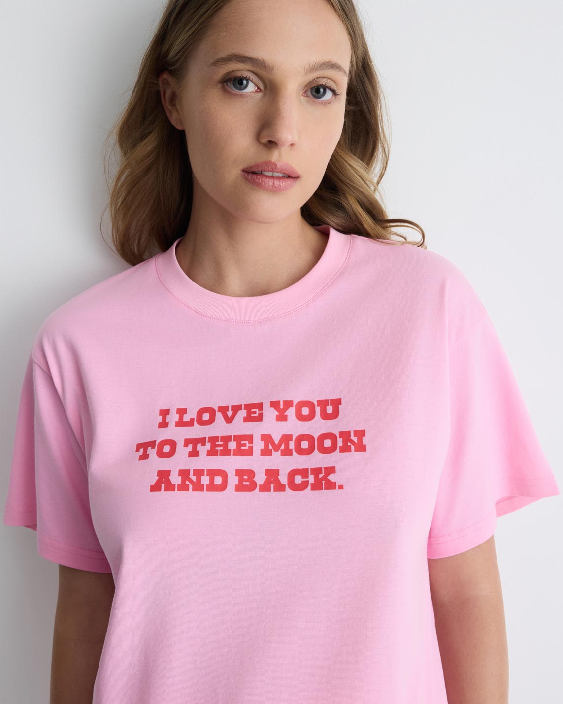 Love You To The Moon + Back Tee in pink, front close-up on model.