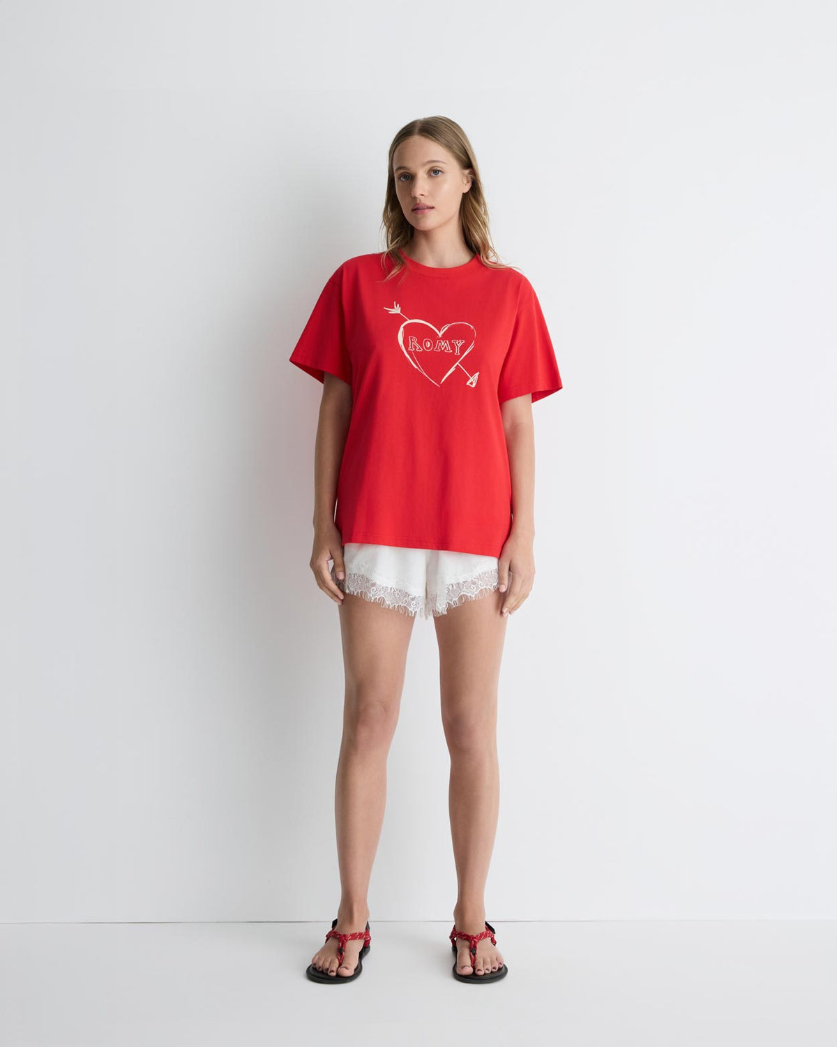 Cupid's Heart Tee in red, front view on model.