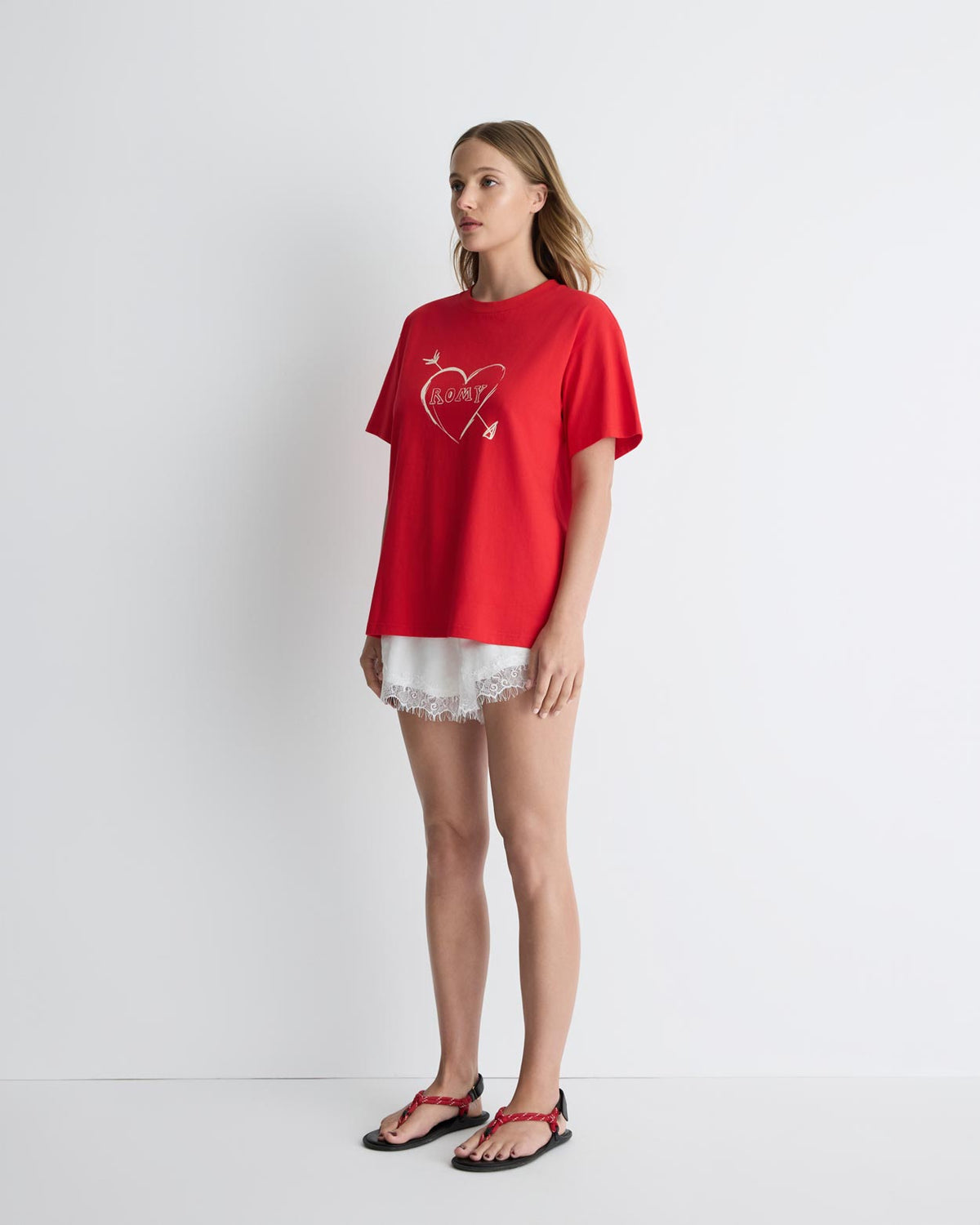 Cupid's Heart Tee in red, three-quarter view on model.