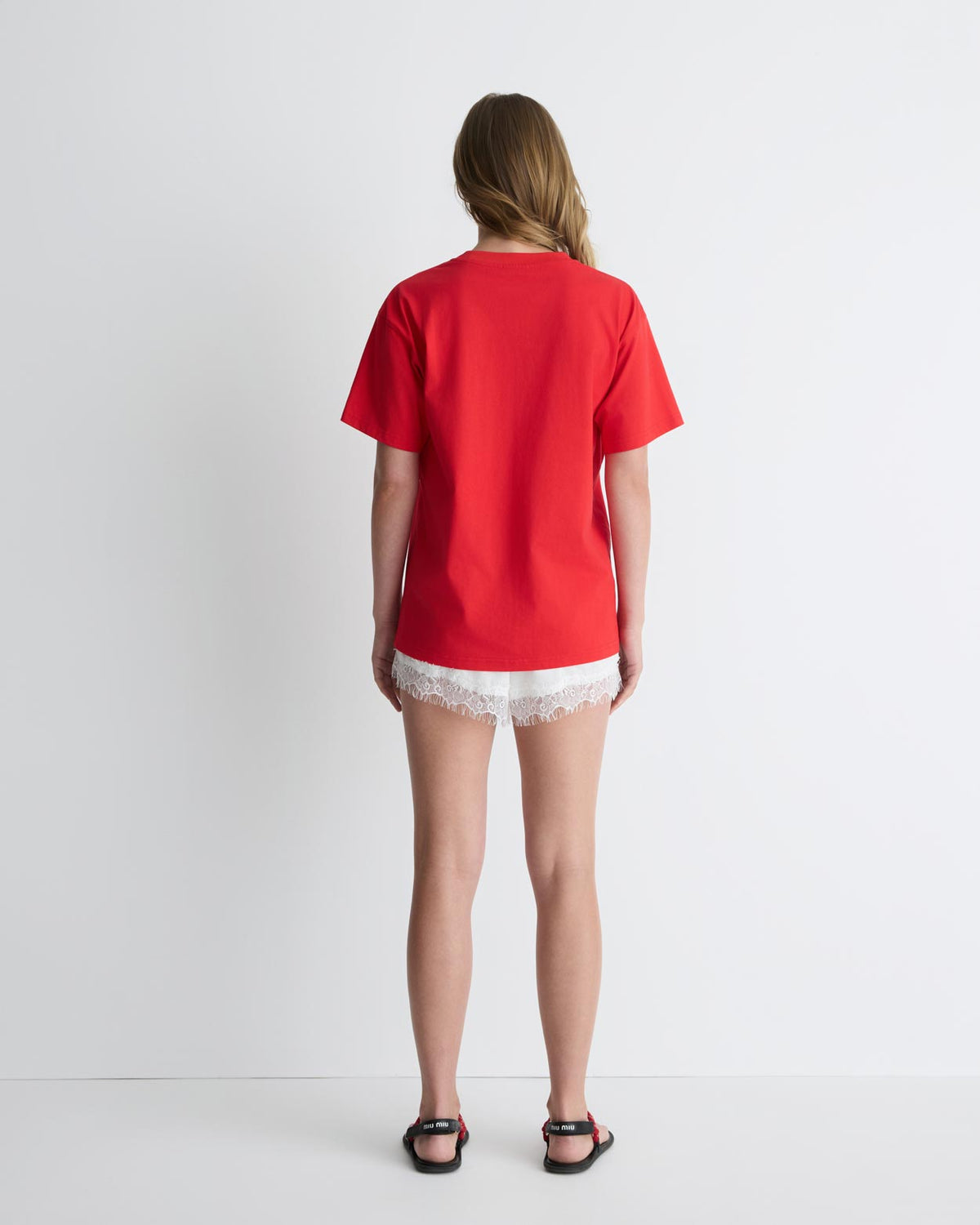 Cupid's Heart Tee in red, back view on model.
