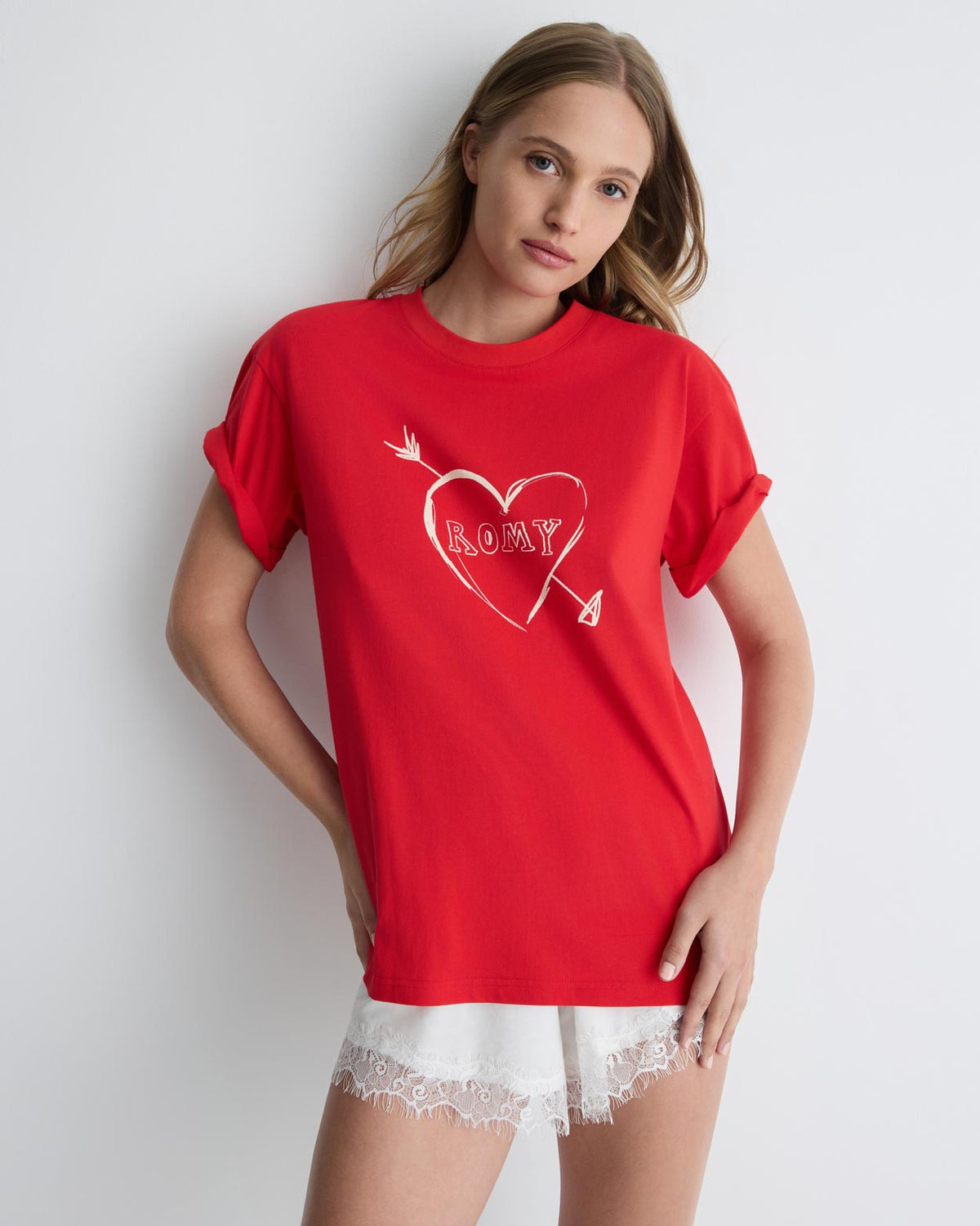 Cupid's Heart Tee in red, front close-up on model, alternate.