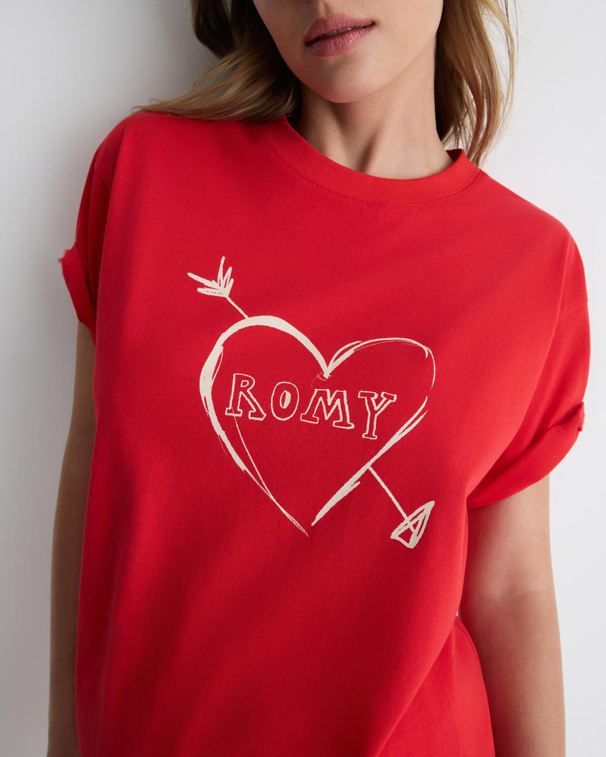 Cupid's Heart Tee in red, front close-up on model.