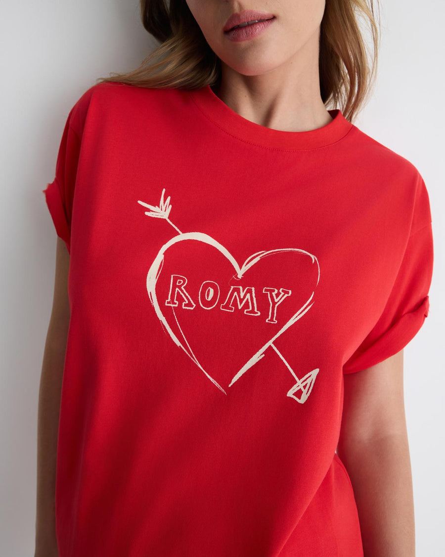 Cupid’s Heart tee – red cotton boyfriend t-shirt with heart graphic by Romy The Brand