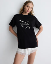 Cupid’s Heart tee in black – cotton boyfriend t-shirt with heart graphic by Romy The Brand