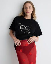 Cupid’s Heart tee in black – cotton boyfriend t-shirt with heart graphic by Romy The Brand