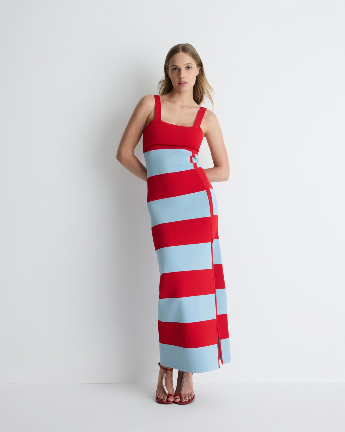 Ava Knit Dress in red and pale blue stripe, front view on model, alternate.