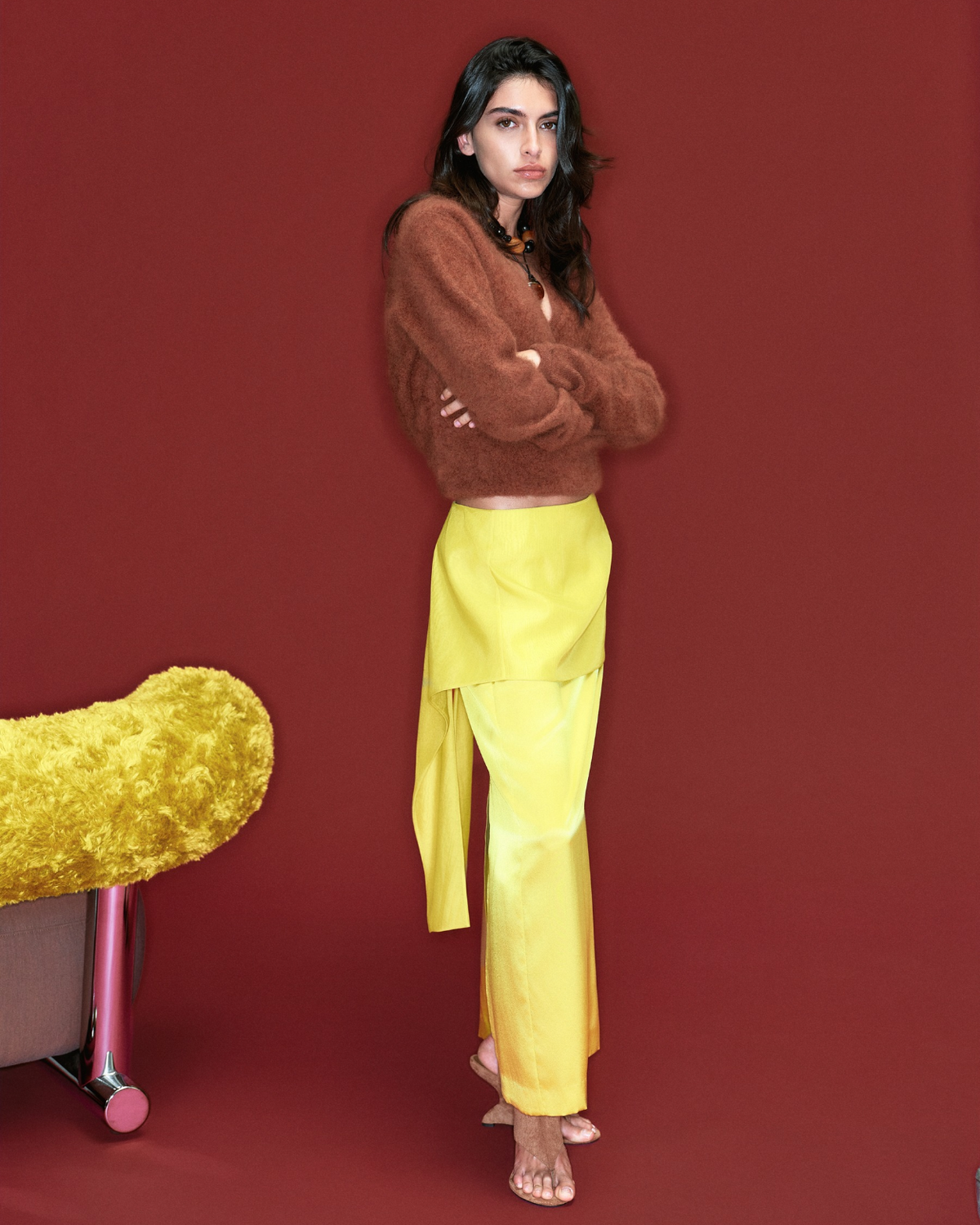 Lia Skirt in yellow silk, styled campaign shot.