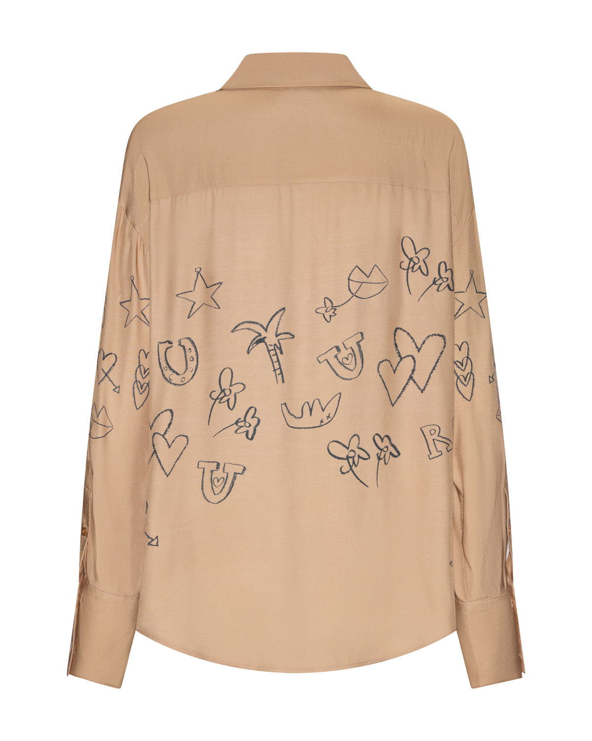 Jakey Shirt in sand with artwork, flat back view.