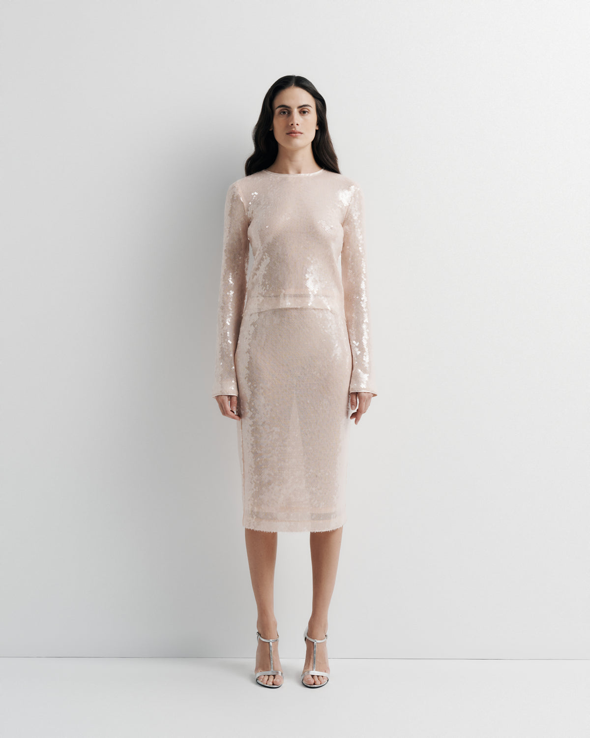 Sara Top in pink sequin with polyester mesh lining, front view on model.
