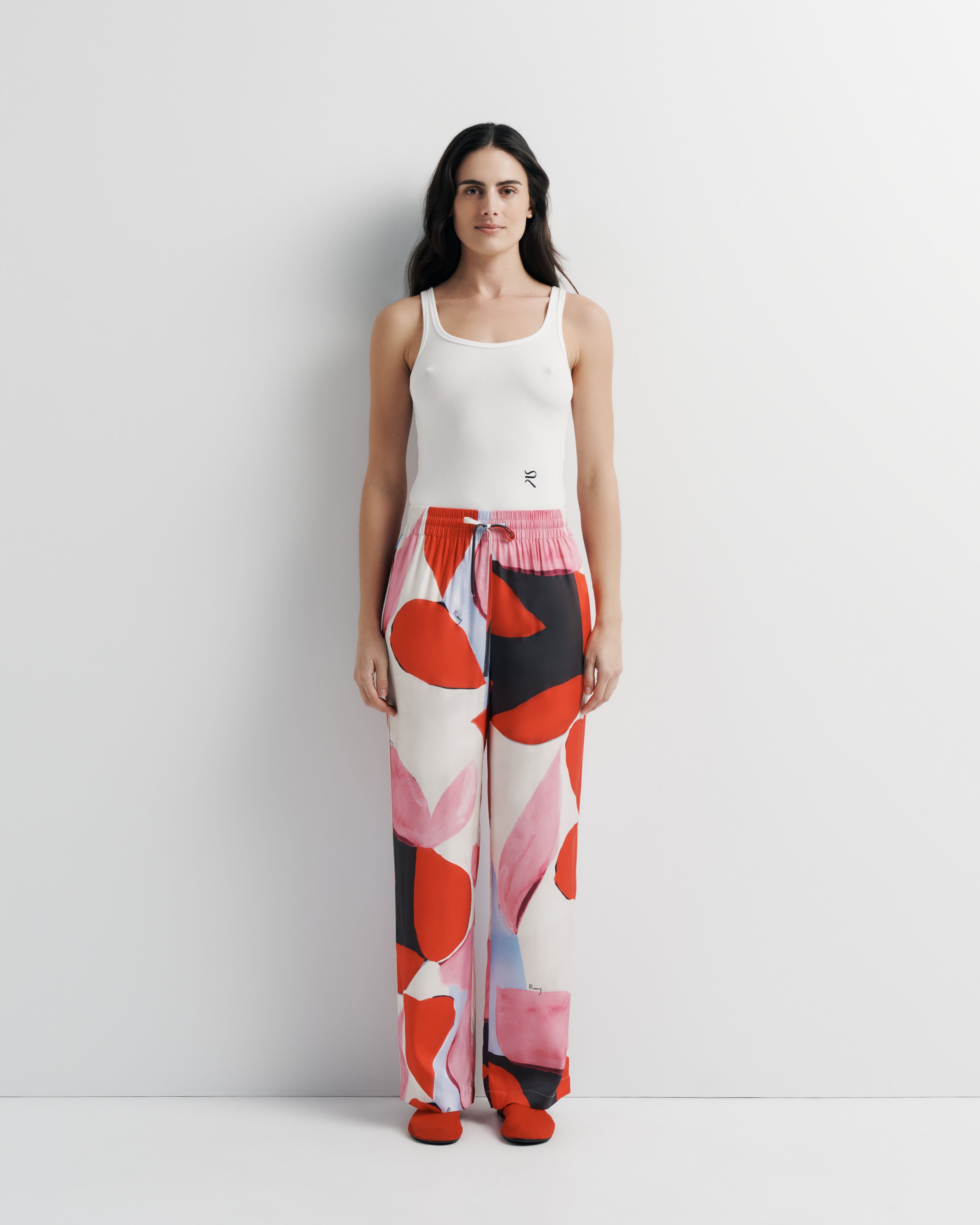 June Pant – elastic waist pant with drawcord and artistic print by Anne Marie Jackson for Romy The Brand