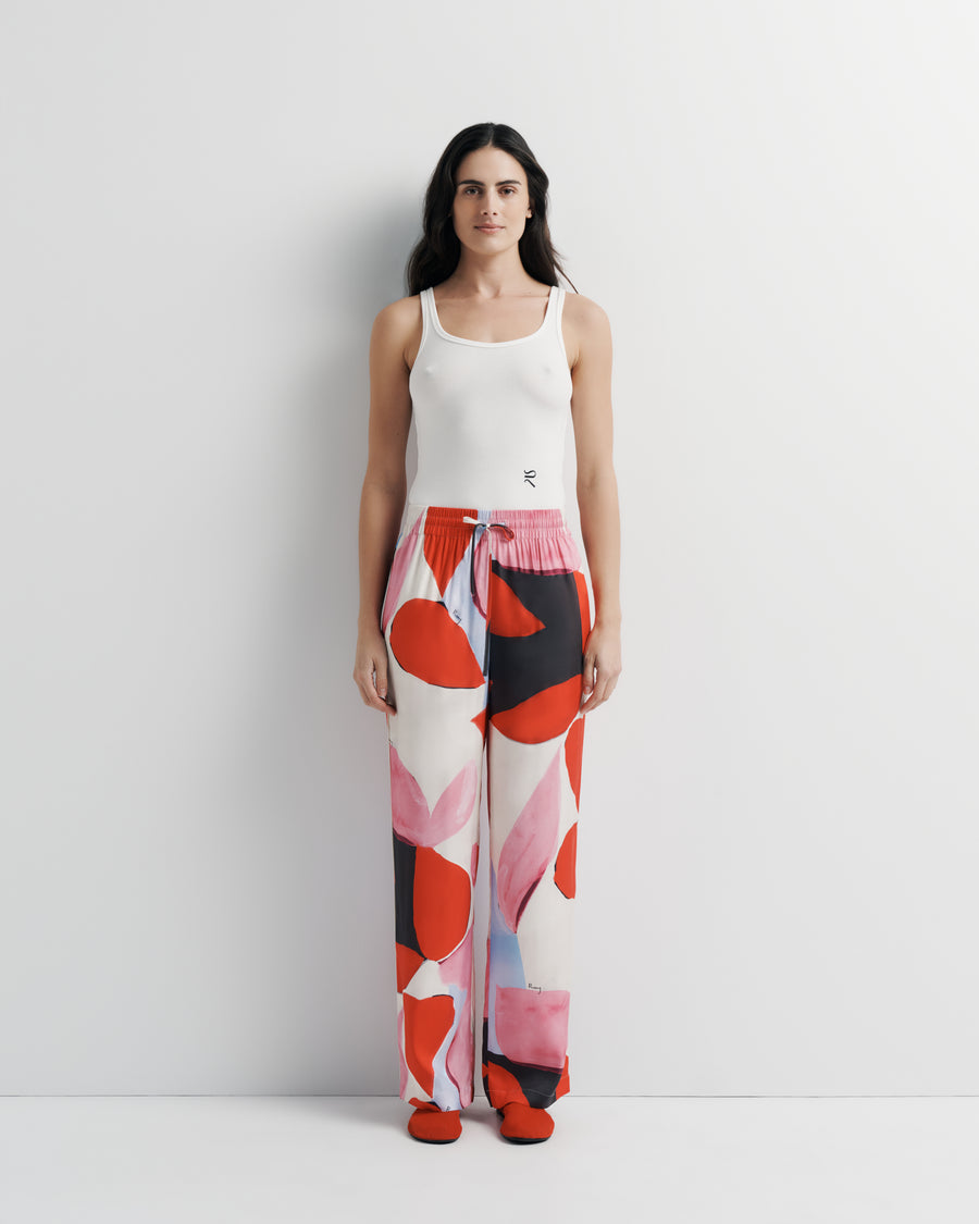 June Pant – elastic waist pant with drawcord and artistic print by Anne Marie Jackson for Romy The Brand